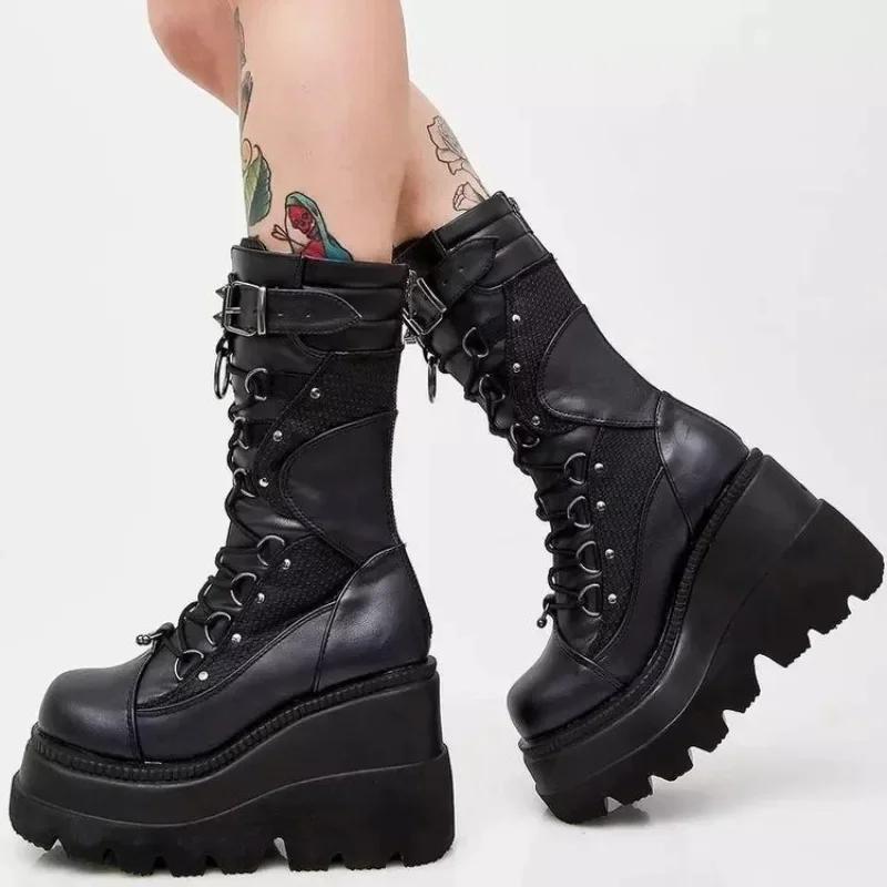 Platform Biker Boots Spice Girl Mid-Tube Lace-Up Black Knight Boots for Women