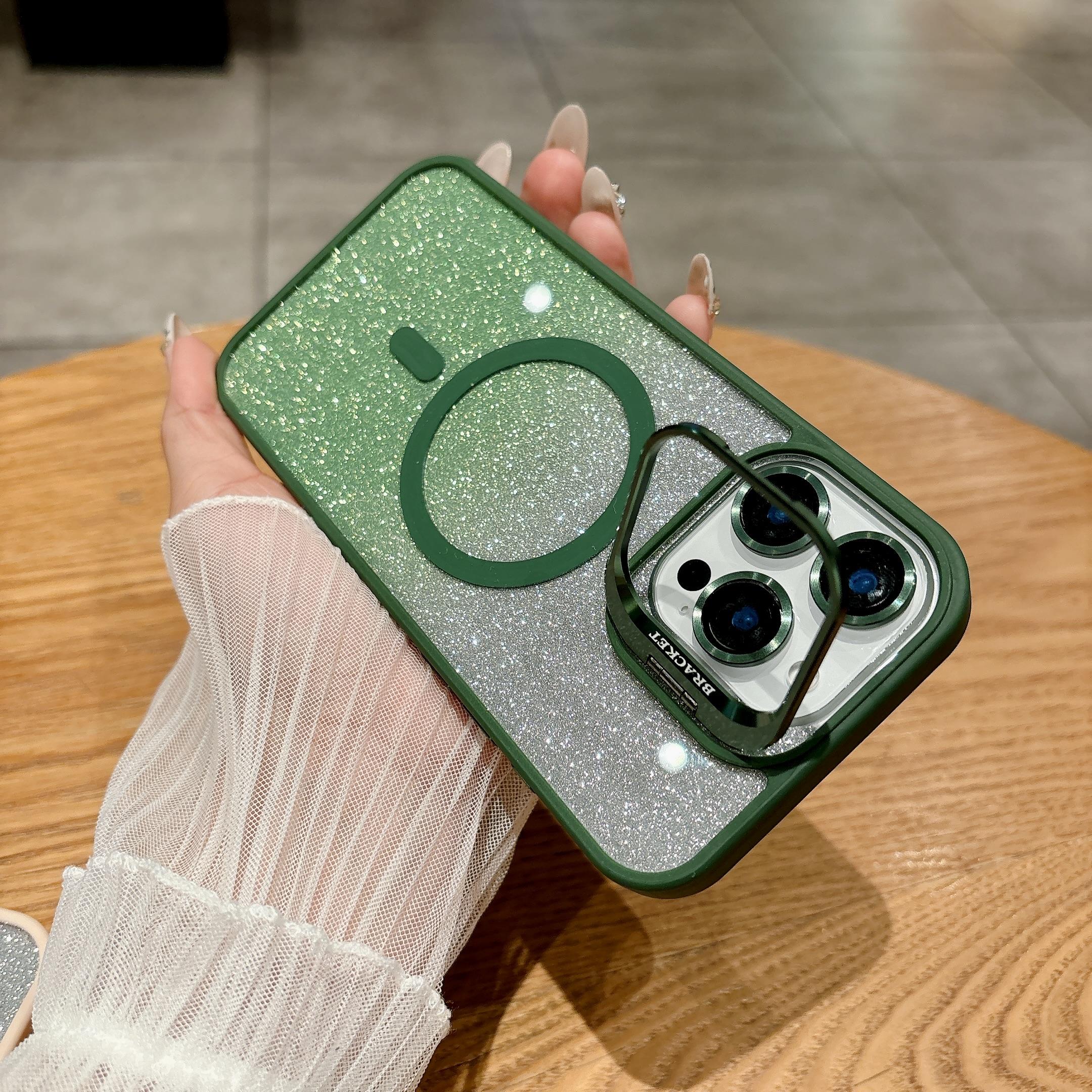 

Роскошный магнитный противоударный чехол для телефона Flash Powder для iPhone 15 11 13 12 16 ProMax для Magsafe Stand Glass Lens Protector Cover For iPhone 16 Pro темно-зеленого