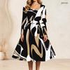 Women Plus Size Scalloped Square Neck Long Sleeve Printed Tie Waist A Line Dress