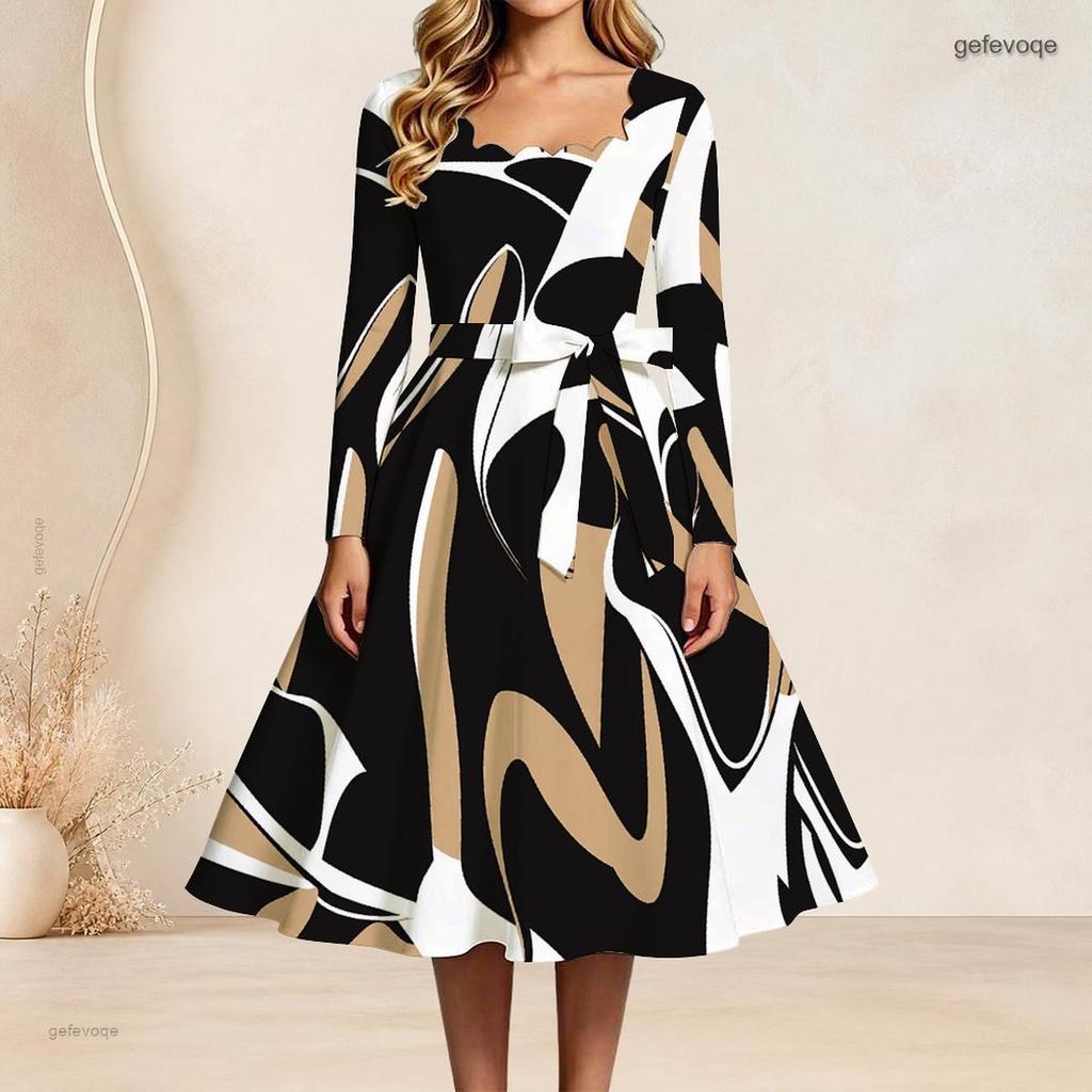 Women Plus Size Scalloped Square Neck Long Sleeve Printed Tie Waist A Line Dress