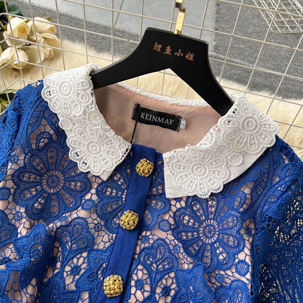 Femmes piste concepteur de luxe dentelle robes de soirée Vintage revers à manches courtes ceinture robe d'été boutons d'or évider a-ligne Robes Femme
