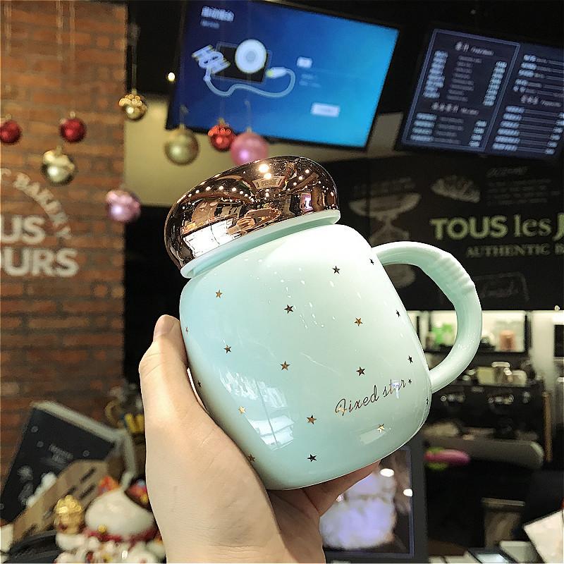 Pink and Tender Starry Sky Ceramic Water Cup with Lid Spoon Handle Anti Scalding Mug Dormitory Office Portable Small Cup