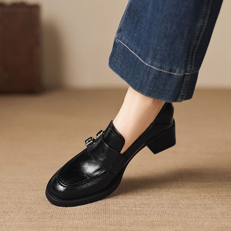 Krazing Pot Microfiber Round Toe Chunky Heels Spring Shoes Big Size 43 Street Wear Women Deep Mouth Vintage Pumps