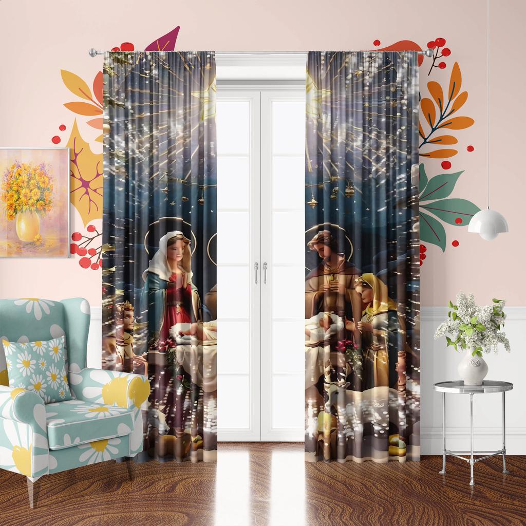 Nativity Print Curtain Bedroom Living Room Study Private Space Set Of 2 Made Polyester Washable Sitting Ready