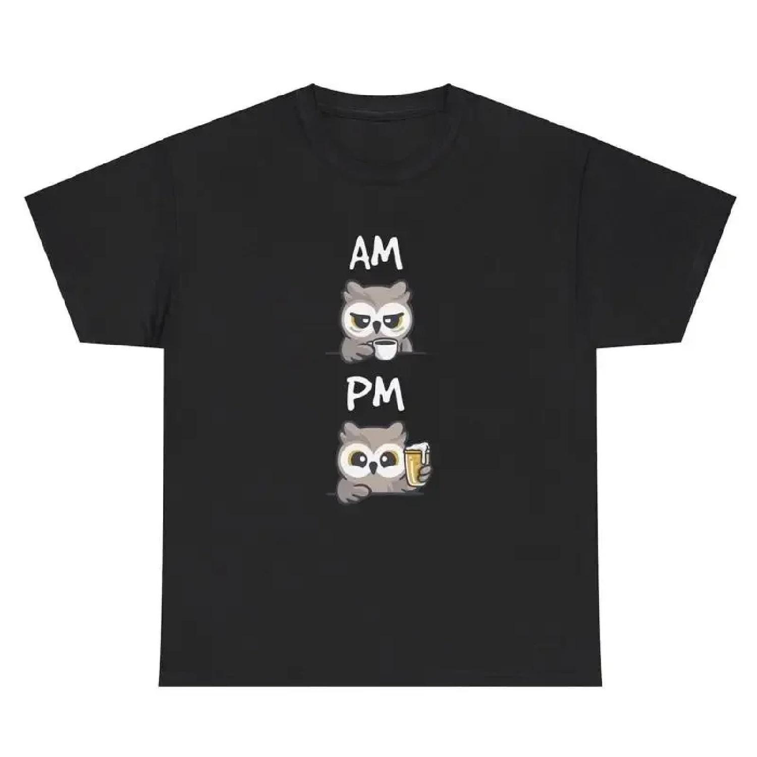 AM PM Owl Coffee Beer T Shirt Funny Drink Lover Alcohol Day Drinking Humor Tee S