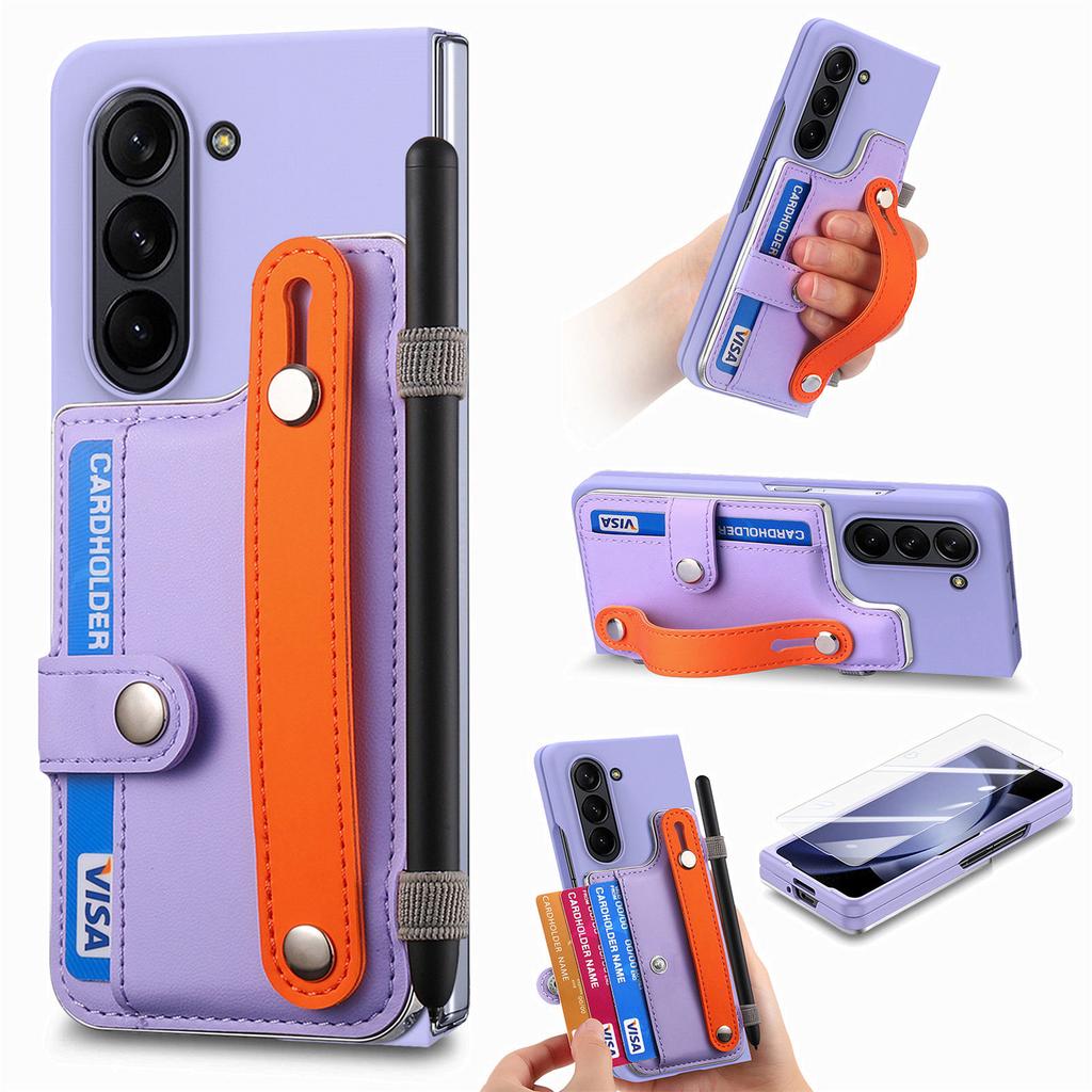 Für Samsung Galaxy Z Fold6 5G Hülle Armband Ständer Leder+PC Handyhülle mit Displayschutzfolie