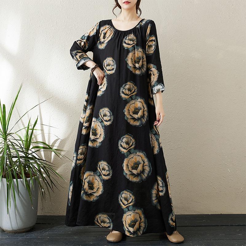Dress A Variety of Color Holiday Style Travel Round Neck Vintage Flesh-covered Cotton Hemp Long Dress