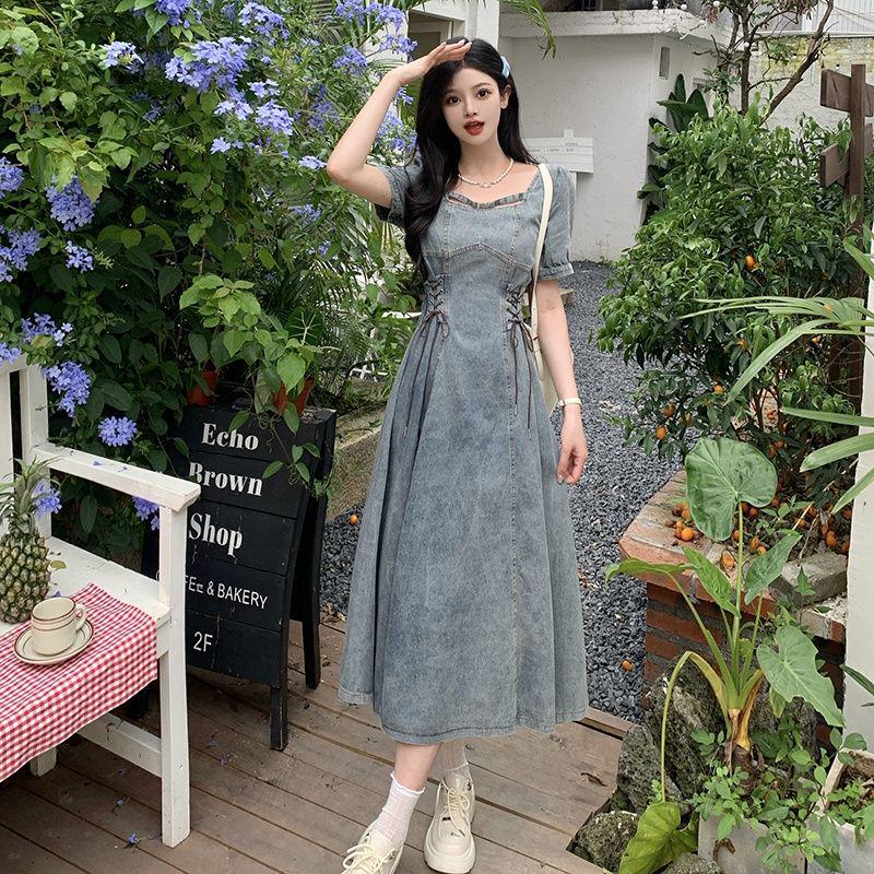 Plus Size Denim Puff Sleeve Square Neck Summer Dress for Women