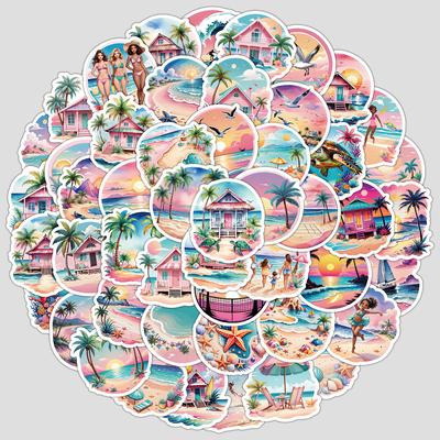 50 Pieces of Cute Beach Series Graffiti Stickers, Creative Cartoon Stickers, Waterproof Decorative Stickers for Computers
