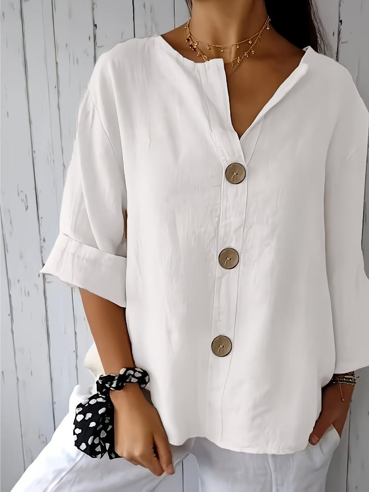 Fashionable Women's Casual Button-Up Shirt, Loose Fit, Perfect for Casual Wear or Vacation | Decorative Button Design Cotton and Linen Shirt