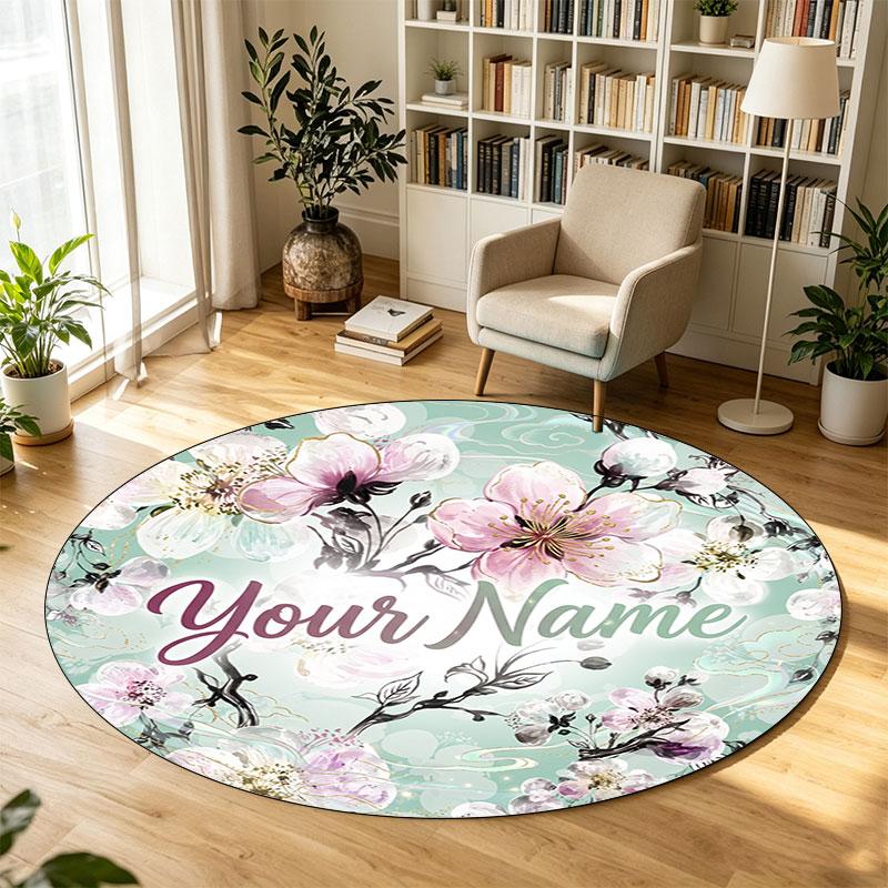 Fiori floreali (675) Tappeto Circolare in Velluto di Cristallo Personalizzabile con Nome e Testo Tappeto Morbido Rotondo per Pavimento per Decorazione Soggiorno Camera da Letto