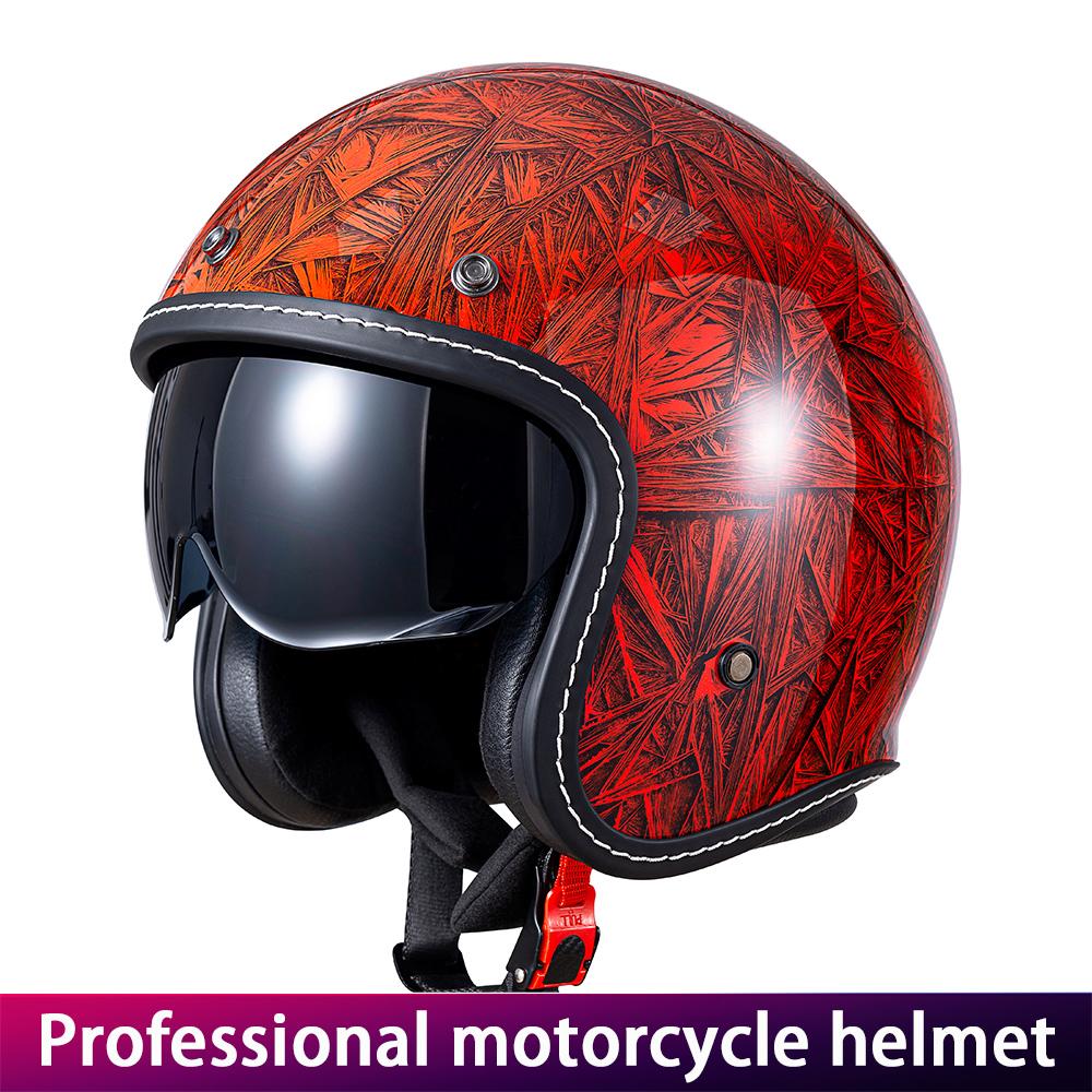 Red Vintage Motorcycle Helmet Three-Quarter Male Female Dual Lens Cruiser Biker Headgear Protection with Mirror Feature