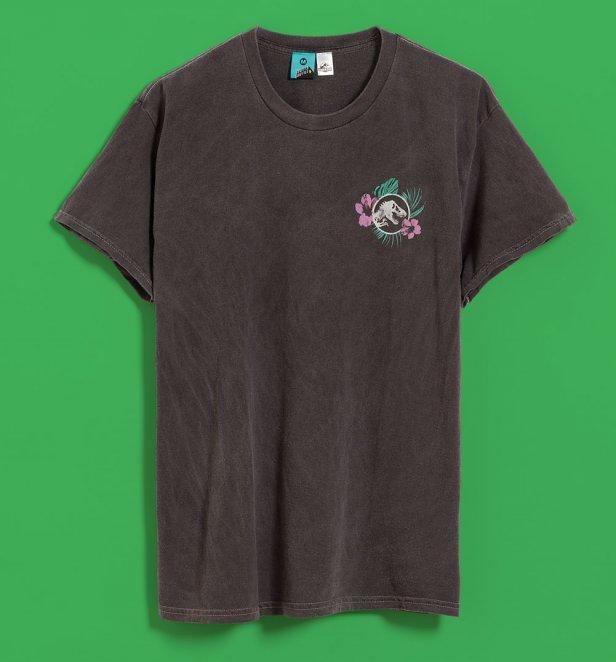 Jurassic Park Tropical Flower Vintage Wash Charcoal T-Shirt With Back Print