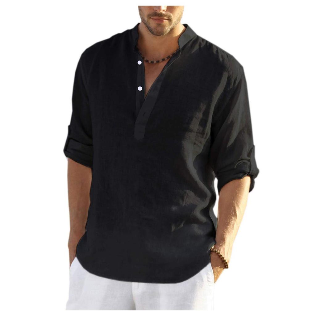Designer Spring Summer Men's Casual Cotton Linen Solid Color Long Sleeve Shirts Loose Stand Collar Shirts