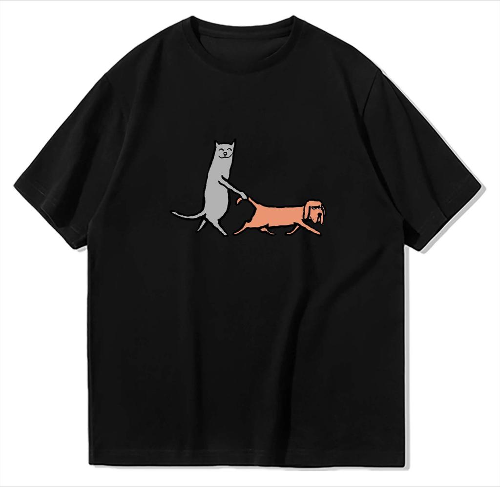 Fun Cat Walking Dog Cartoon Printed Women Short Sleeved Round Neck Tshirt for Women Trendy Summer Top Clothing