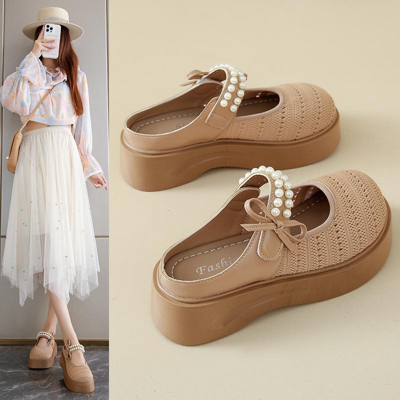 French bow thick-soled Mary Jane sandals women's 2025 summer new hollow breathable bag head half slippers size 34