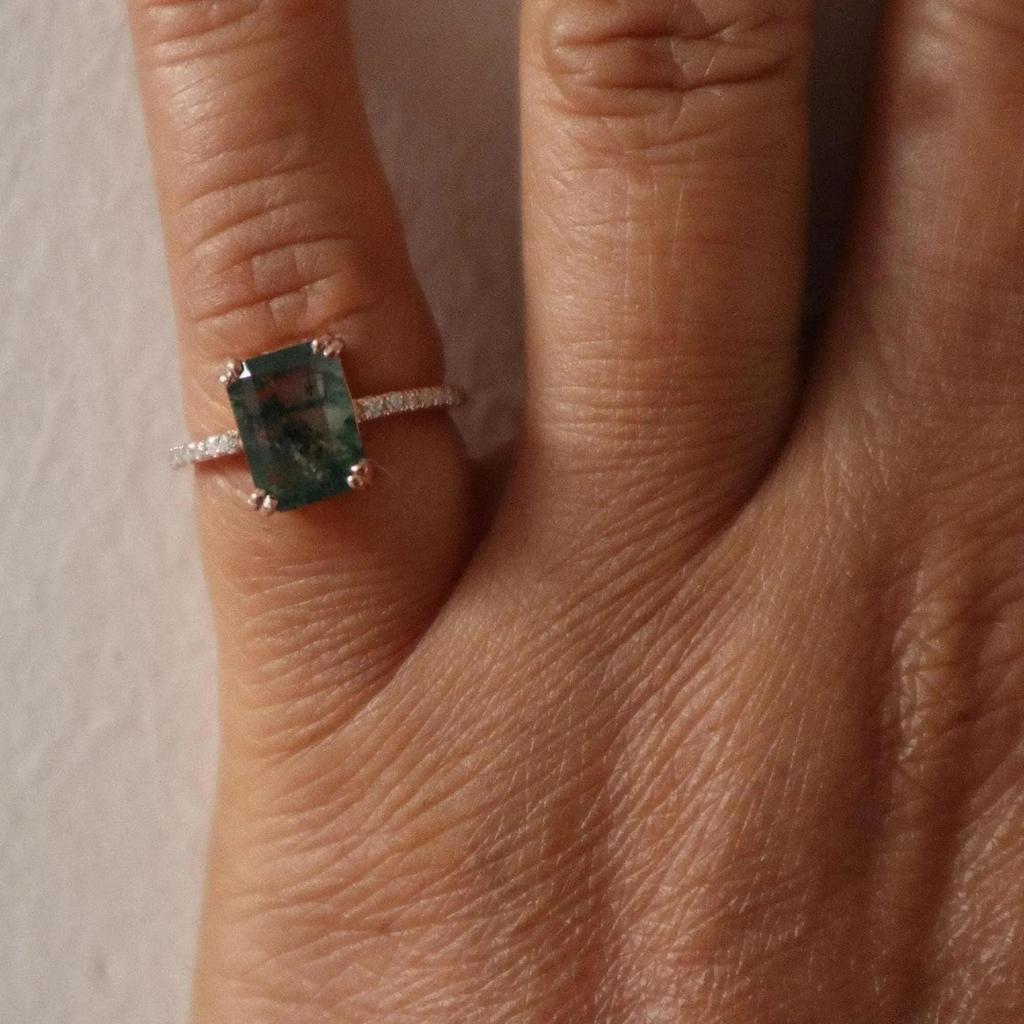 Emerald Cut Moss Agate Ring: Rose Gold Plated Stacking Wedding Ring: Cubic Zirconia Bridal Jewelry For Women
