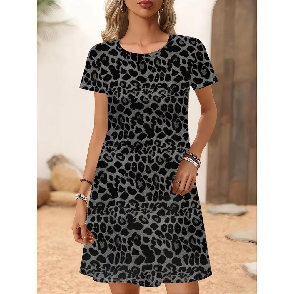 Casual Versatile Comfortable Short Sleeve Dress Fashion Loose Crew Neck Casual Dresses S