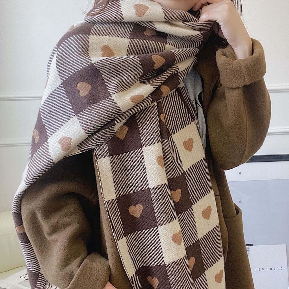 Acrylic Fibers Heart Thickened Scarf Long Tassel Shawl Korean Style Plaid Knitted Scarf  Couple