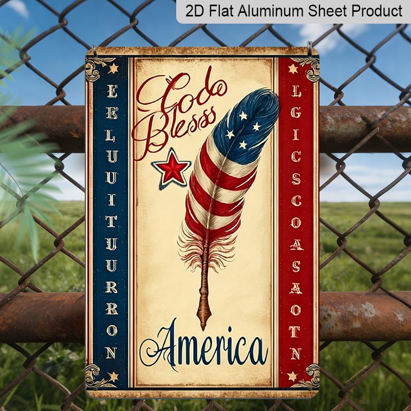 

2D Flat, 1pc Patriotic Metal Sign - God Bless America Wall Art with Stars Feathers Design, 8x12 Inch Rustic Aluminum Sign for 4th of July Outdoor 20*30cm