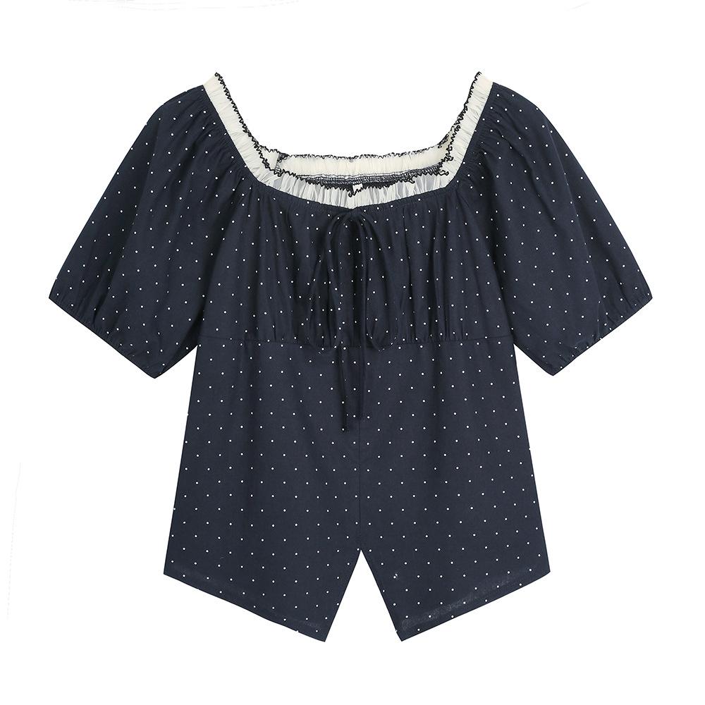 

French Style Polka Dot Mesh Patchwork Short Sleeve Top for Women - Plus Size Slimming Fit 2XL (suggested weight 140-160 jin)