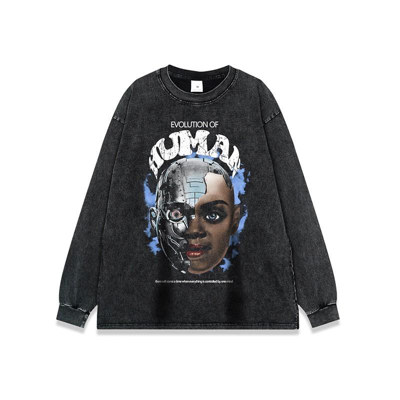 Mens Oversized Loose Fit Cotton Tee - Dark Aesthetic Streetwear Vintage Washed Print Round Neck Drop Shoulder Sleeve