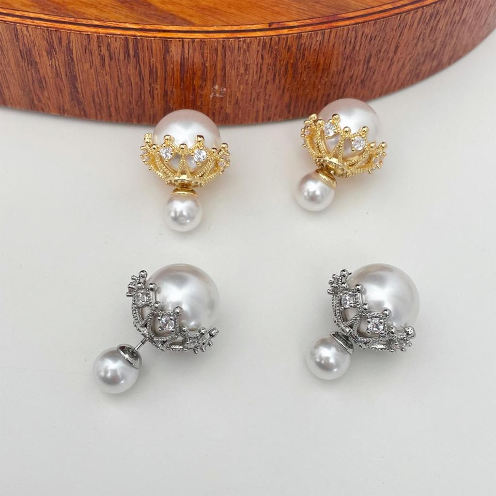Elegant Two-Way Pearl & Zircon Stud Earrings: Front-Back Style, Copper, Simple & Fashionable, Light Luxury Design