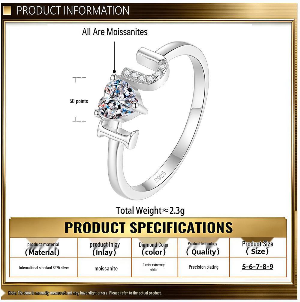 S925 Sterling Silver Heart Letter Adjustable Women's Ring