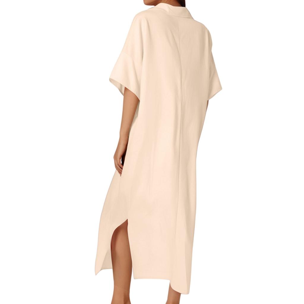 Damenmode Lässig Baumwolle Leinen Einfarbig Revers Knopf Kleid