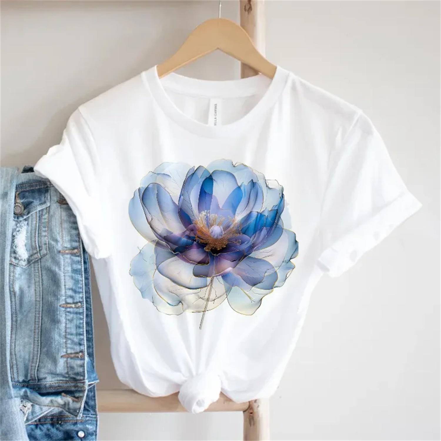 Casual Style Women s Blue Flower Pattern Summer Print Travel Short Sleeved Fashionable Street Round Neck Printed Top T-Shirt S