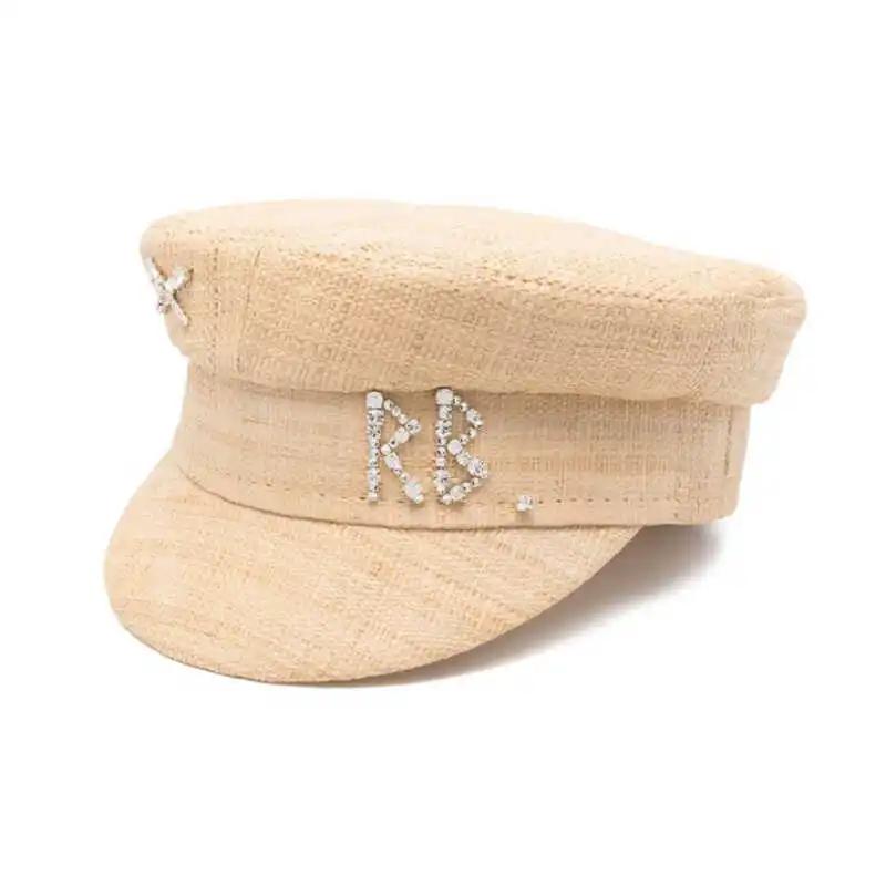 INS Spring Summer Hand-sewn Raffia Newsboy Hats for Women Letter Crystal-Embellished Baker Boy Cap XS-L Sombreros De Mujer