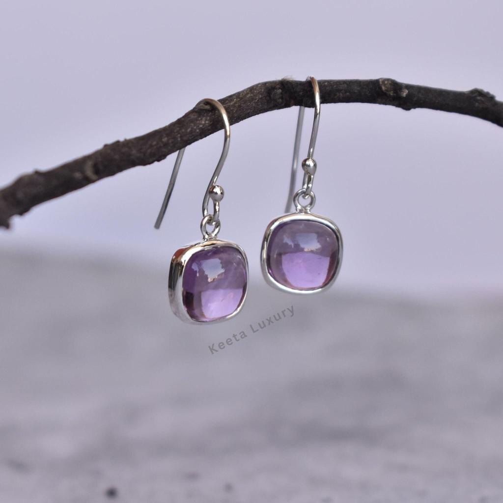 Natural Amethyst Earrings Handmade Earrings for Women Square shape dangle hook Earrings Healing crystal earrings Bridesmaid Gift