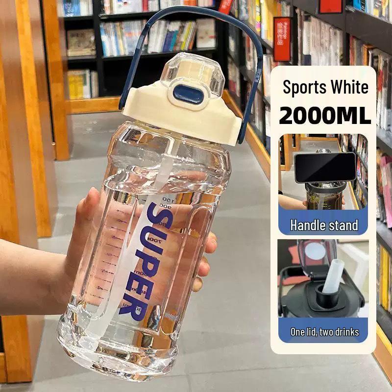 2L Trendy Leak-Proof Sports Water Bottle with Straw and Scale - Large Capacity, Portable, Durable