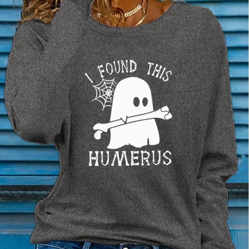 Tops For Women Ghost Hugging Bone Print Round Neck Long Sleeve T-shirt Fall Casual Slim Pullover Women's Long Sleeve Top