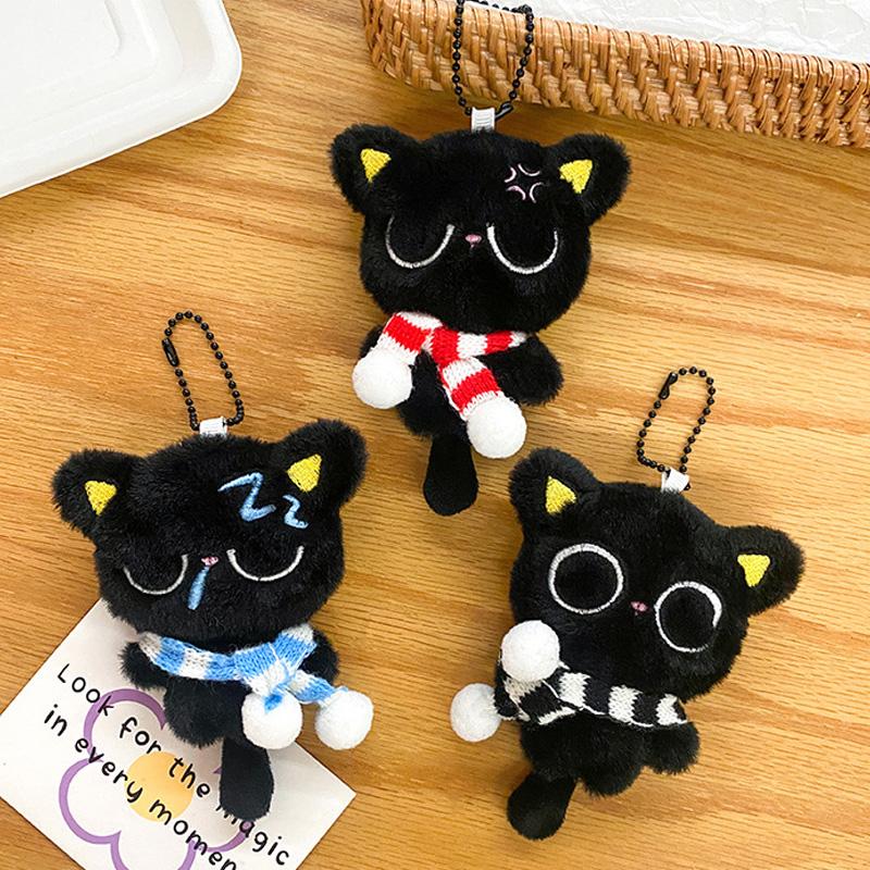 1PC Black Cat Bag Pendant Accessories Doll Pendant Cute Bag Keychain Key Ring Gifts Plush Phone Charms with Stripe Scarf