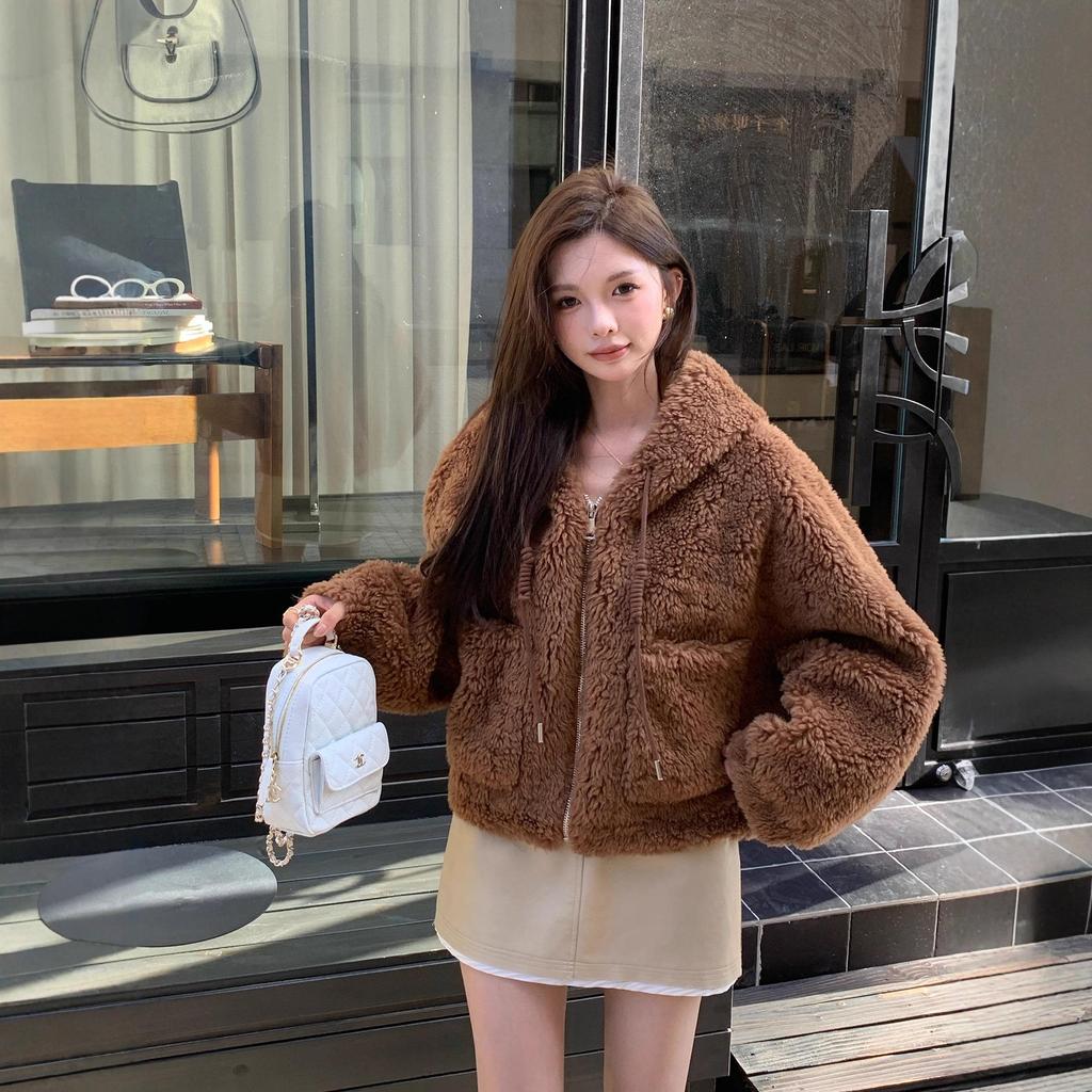 Women's Short Hooded Faux Lamb Wool Coat - Autumn/Winter 2025, Double-Sided Plush, Thickened for Warmth.