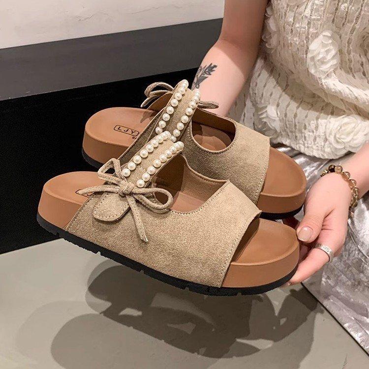 Fashion Shoes Slippers Women Summer Platform Butterfly-Knot Fretwork Heels Low Pantofle String Bead Slides 2025 Rome Rubber Fabric Retro
