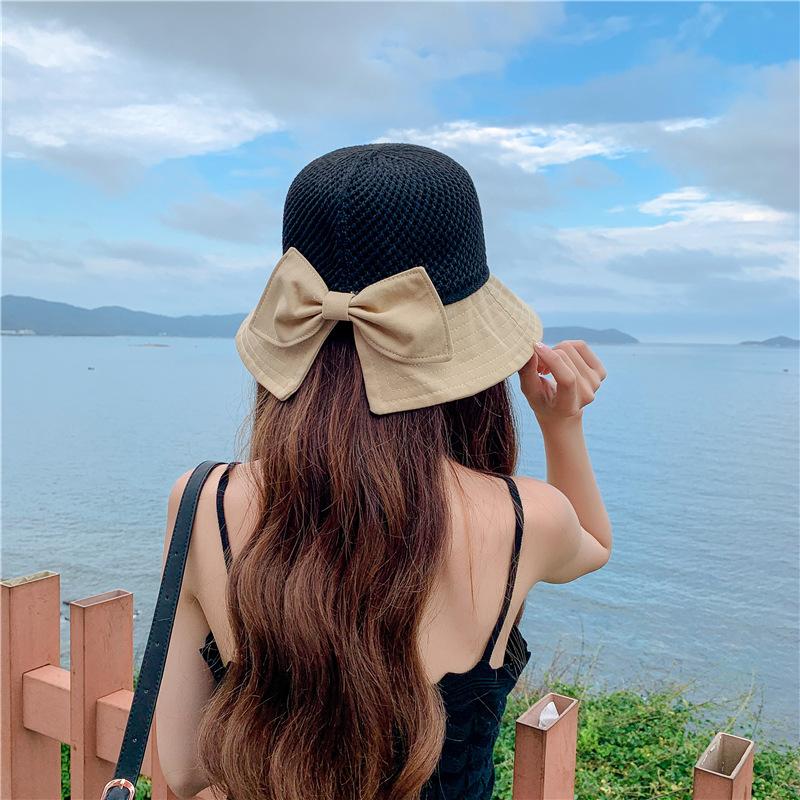 Hat women's summer mesh breathable versatile bucket hat basin hat bow sunshade sunscreen beach sun hat