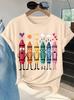Womens Tshirt Cartoon Crayon Fun Expression Print Round Neck Warm And Healing Casual Trend Daily Easy And Versatile Womens Top