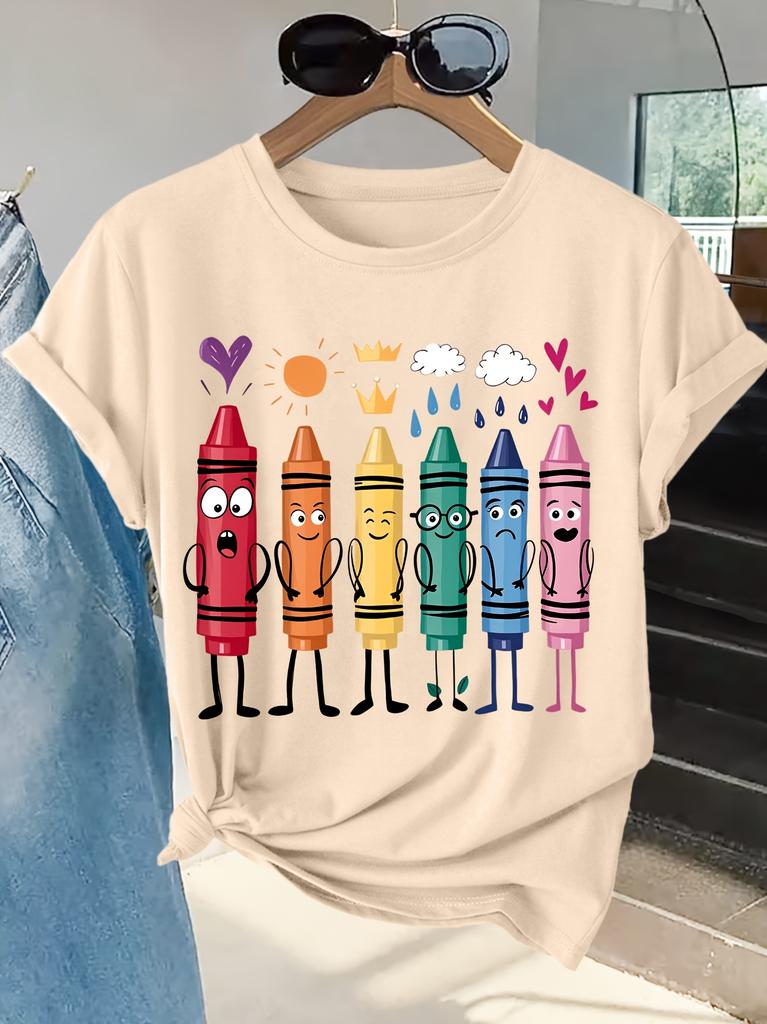 Womens Tshirt Cartoon Crayon Fun Expression Print Round Neck Warm And Healing Casual Trend Daily Easy And Versatile Womens Top