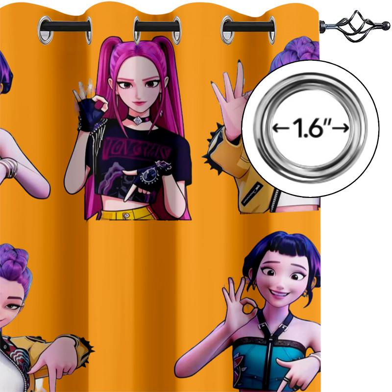 2pcs Kpop Anime Girls Curtains Cute Idol Group Print Blackout Curtains Orange Background Window Drapes For Teens Bedroom Dec