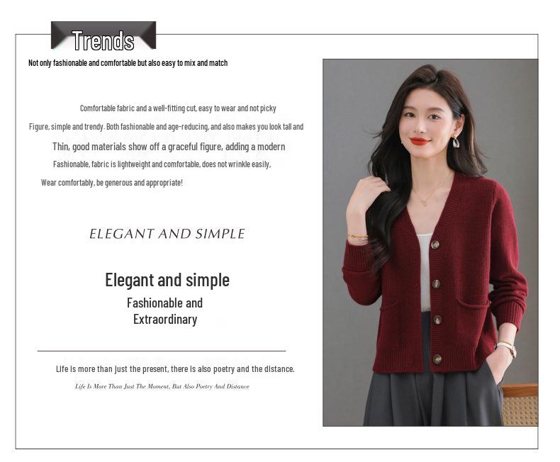 2025 Herbst Damen Eleganter V-Ausschnitt Einreihiger Strick-Cardigan Pullover Mantel mit Taschen.