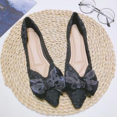 Fashion With Bow Women's Flat Shoes Heel Black Pointed Toe Leather Casual Korean Style Young Quick Delivery 2025 Summer Ladies Footwear