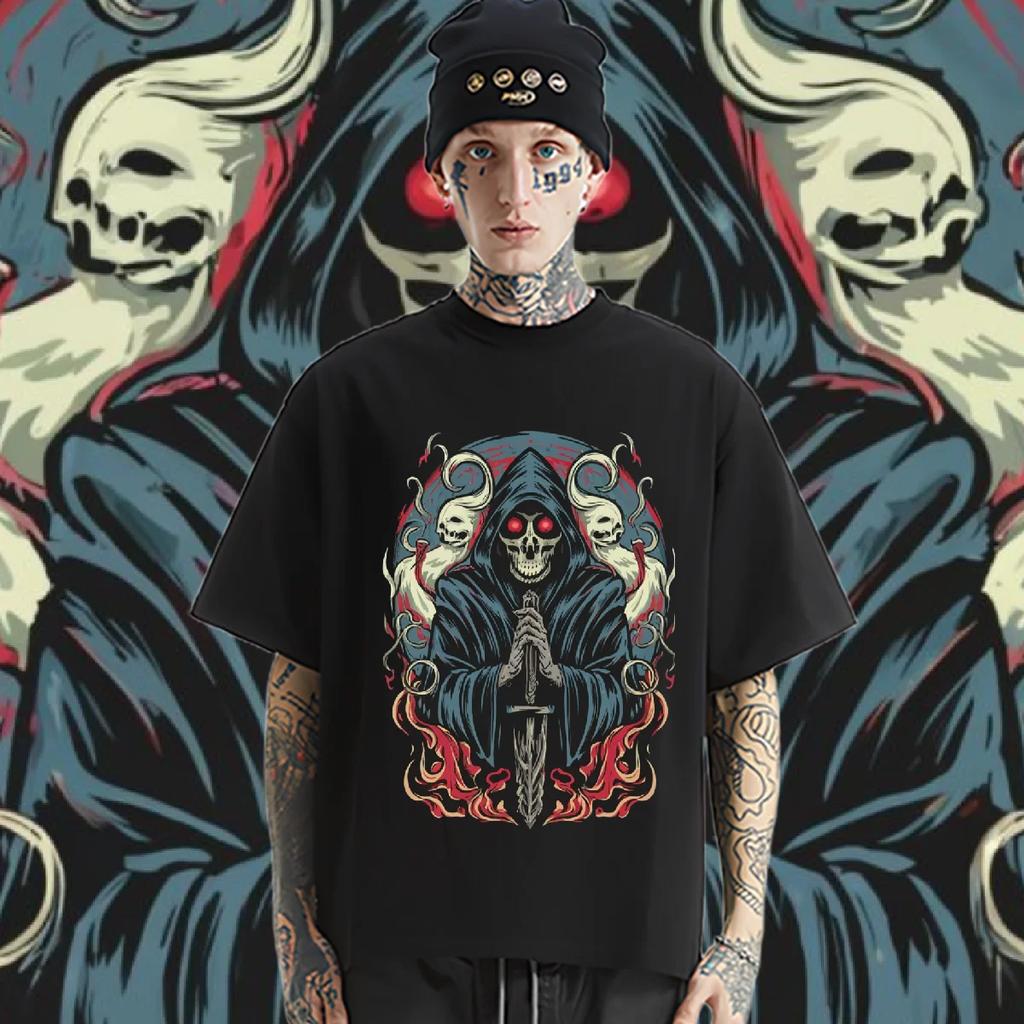 Death Round Collar Tee Oversized Loose Tops Retro Harajuku Rap Style Shirt Graphic Cotton T Shirt Causal Unisex T-shirt Custom