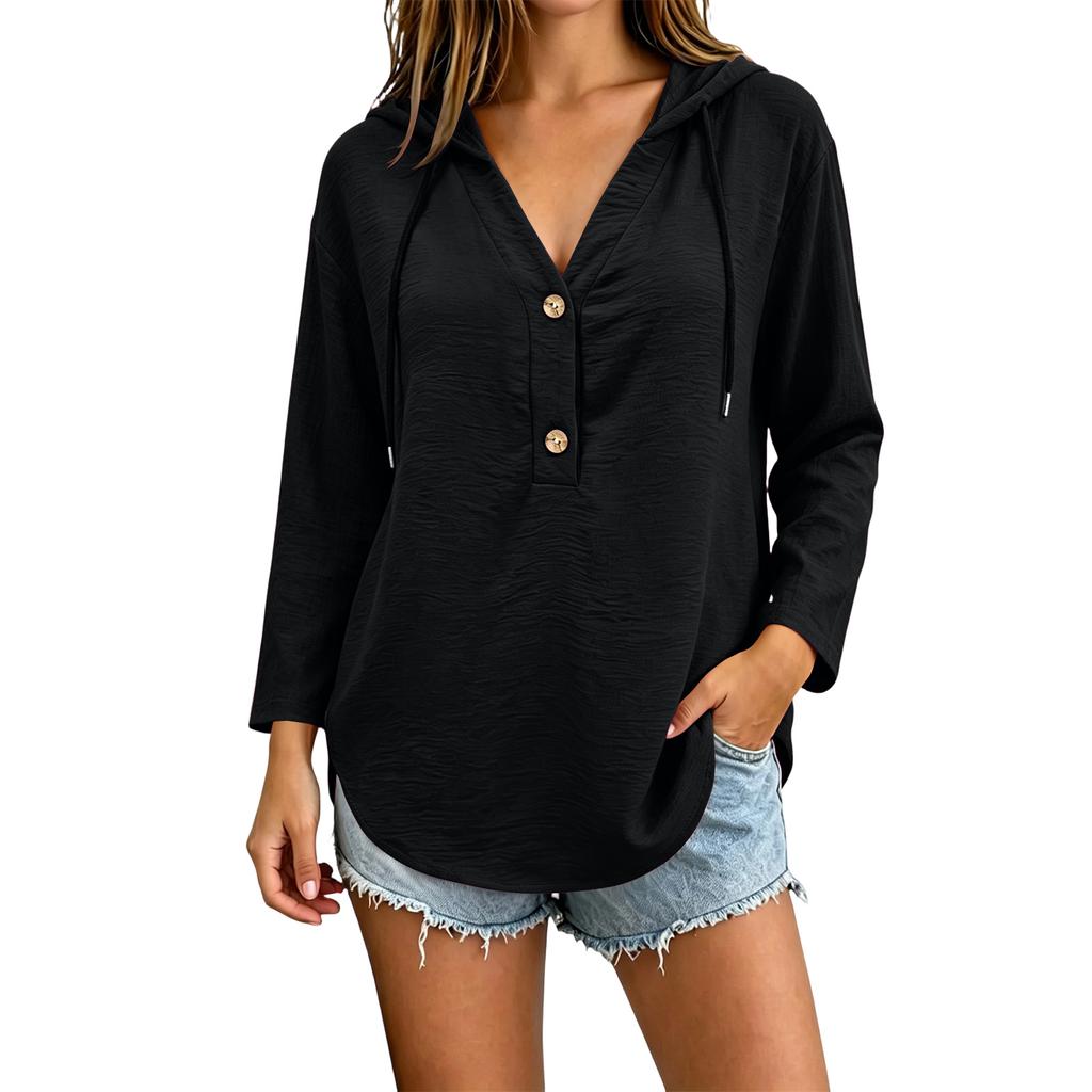 Women's Casual Color Hooded V-Neck Long Sleeve Button Front Shirt Top for Everyday Wear