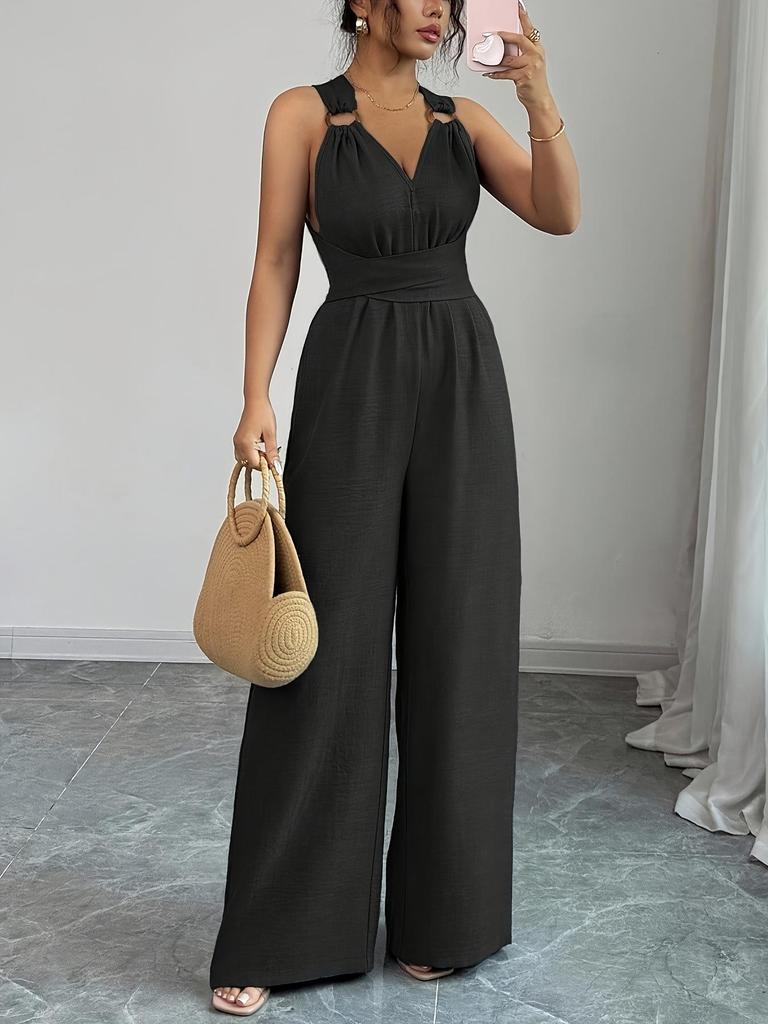 European Women's 2025 V-Neck Backless Cross-Waist Wide-Leg Jumpsuit