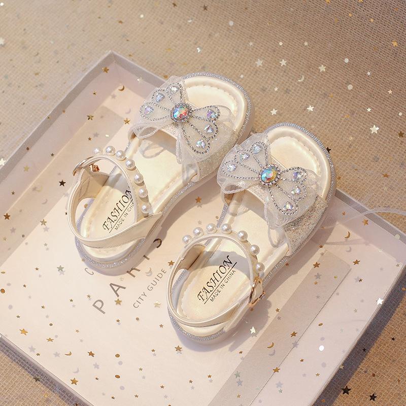 Kids Butterfly Rhinestone Pearl Decor Non Slip Princess Sandals