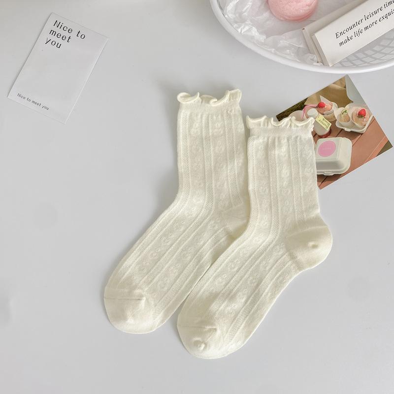 

White Socks Women S Ballet Style Summer Thin Hollow Breathable Medium Tube Socks Japanese Fungus Edge Jk Stacking Socks One size fits all