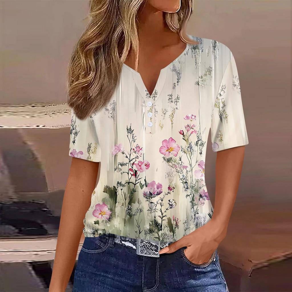 Women's T Shirt Tee Print Button Short Sleeve Tunic Daily Weekend Fashion Basic V- Neck Regular Top