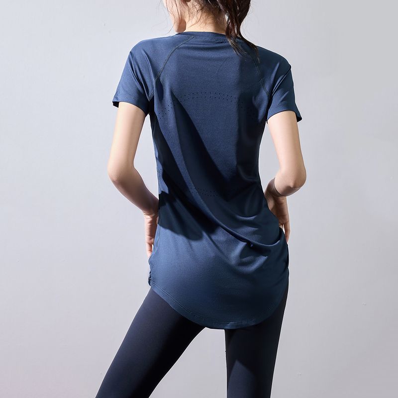 

Sports Short sleeve Women Slimming Hip-Covering Mid-Length Workout Clothes T-shirt Plus size Breathable Quick-Drying T-shirt Yoga Short sleeve Summer YY186 Prussian blue short sleeves S
